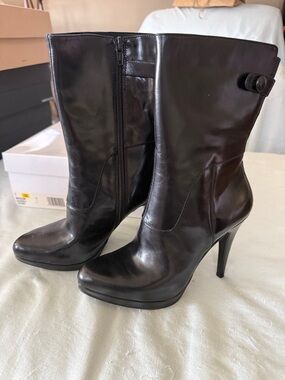 Nine West Black Leather High Heel Mid-Calf Boots